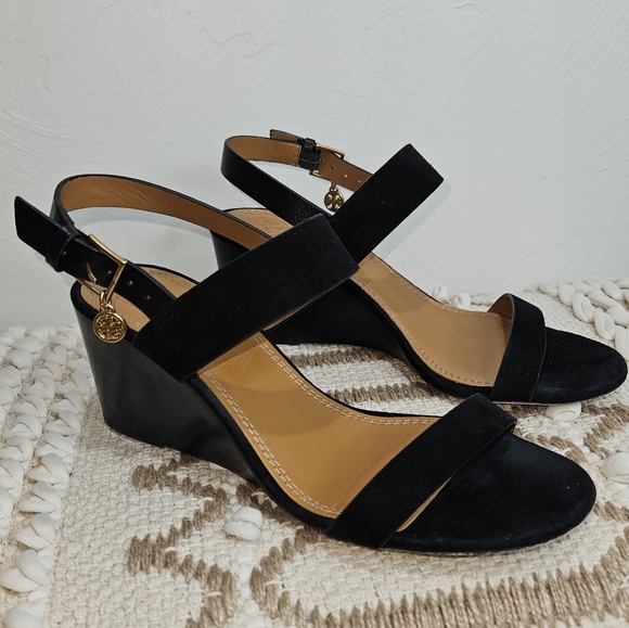 Tory Burch Shoes - Tory Burch Black Sandal Wedge Heels Women's Size 6.5 Mini Benton Charm Platform